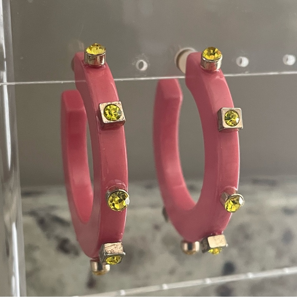 Smith & Co City Girl Jewel Hoop Earrings Pink Yellow Rhinestones Small Size